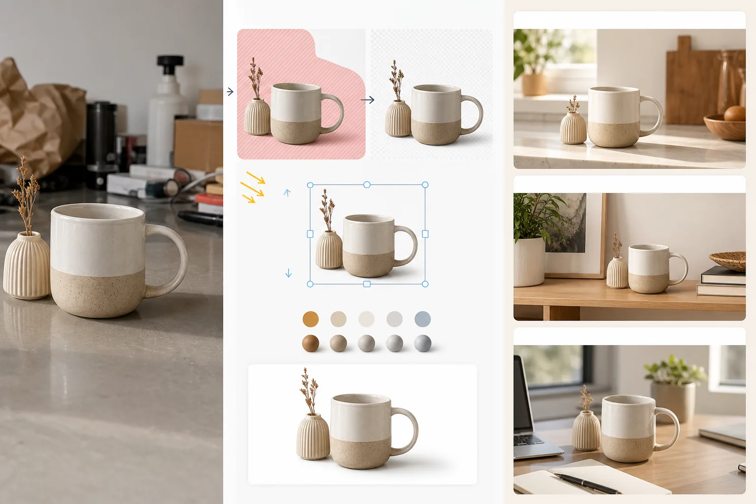 AI e-commerce lifestyle photo workflow isolating a product, removing clutter, harmonizing lighting and shadows, and placing it into kitchen, shelf, and desk lifestyle scenes