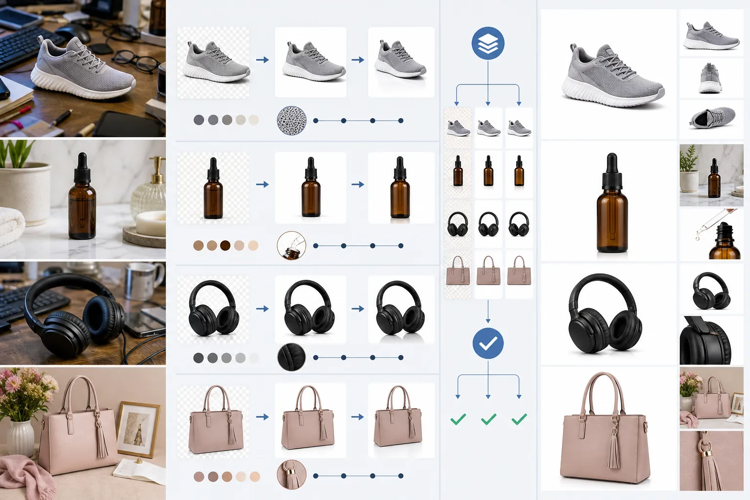 E-commerce product photography workflow showing raw product shots, white-background edits, batch processing, and marketplace-ready galleries