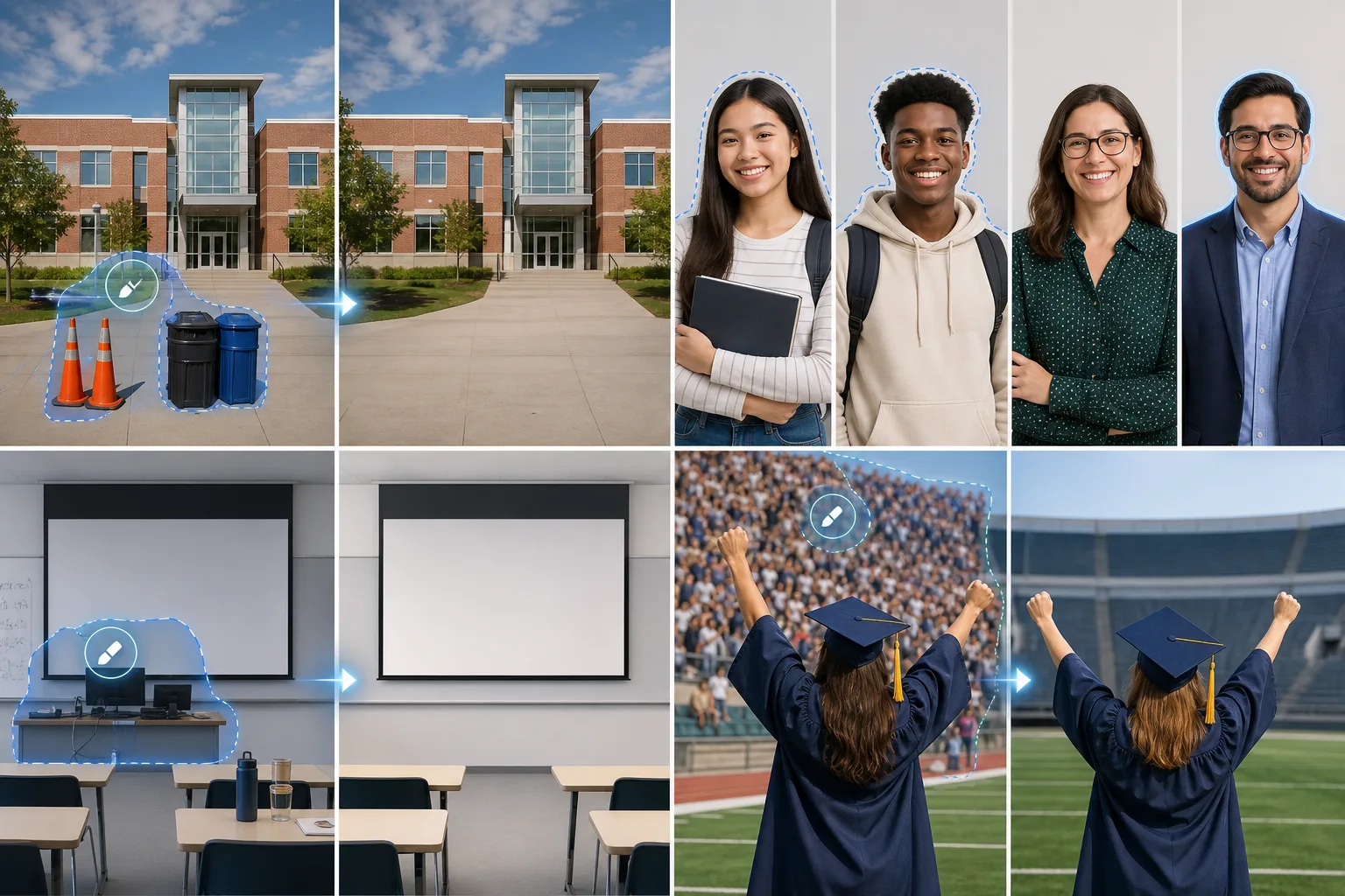 AI education photo editing workflow cleaning campus photos, standardizing portraits, improving classroom visuals, and retouching event images