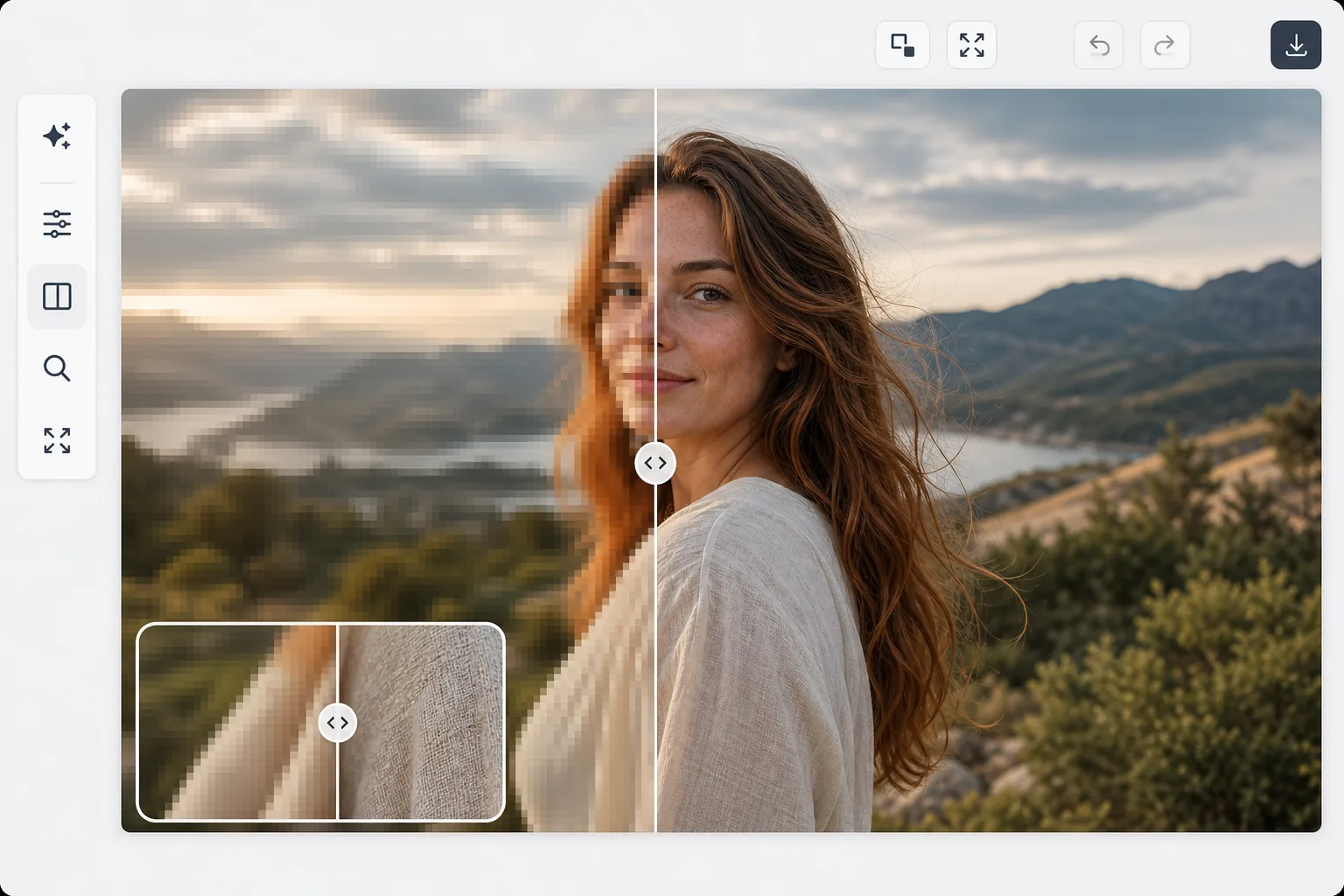 AI super-resolution workflow showing a pixelated enlarged photo transformed into a sharper high-resolution version with detailed hair fabric and landscape texture