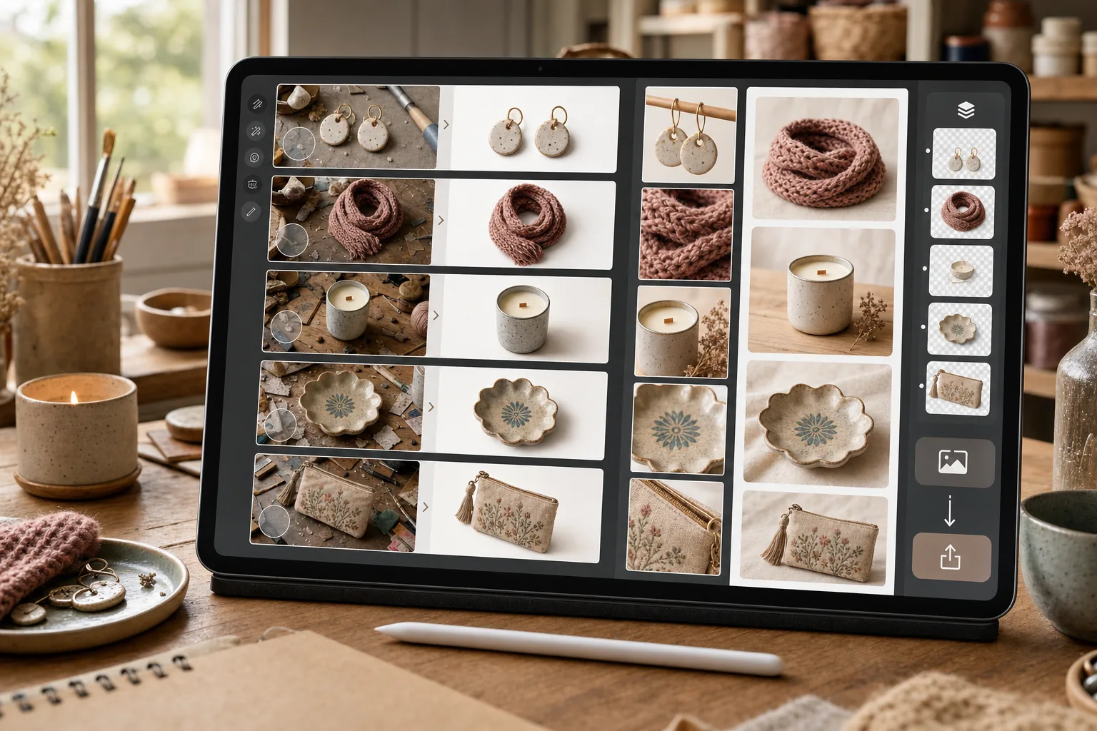 AI Etsy seller photo editing workflow cleaning handmade product photos, removing workshop clutter, enhancing natural light, and preparing listing galleries