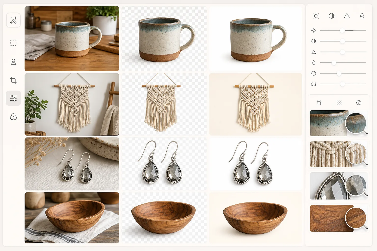 AI Etsy listing image workflow removing backgrounds from handmade product photos, preserving macrame fringe, jewelry facets, ceramic glaze, and wood grain, then exporting centered marketplace-ready images
