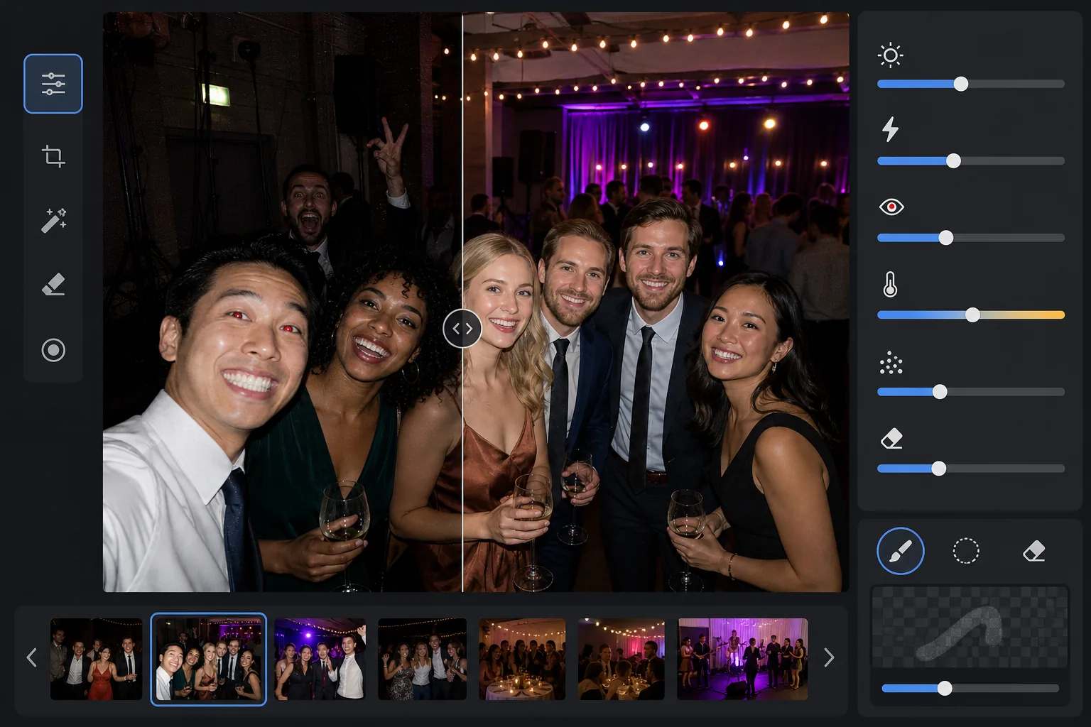 AI event photo brightening workflow recovering dark venue photos, softening flash shadows, removing red-eye and background distractions, and preserving warm party and stage lighting
