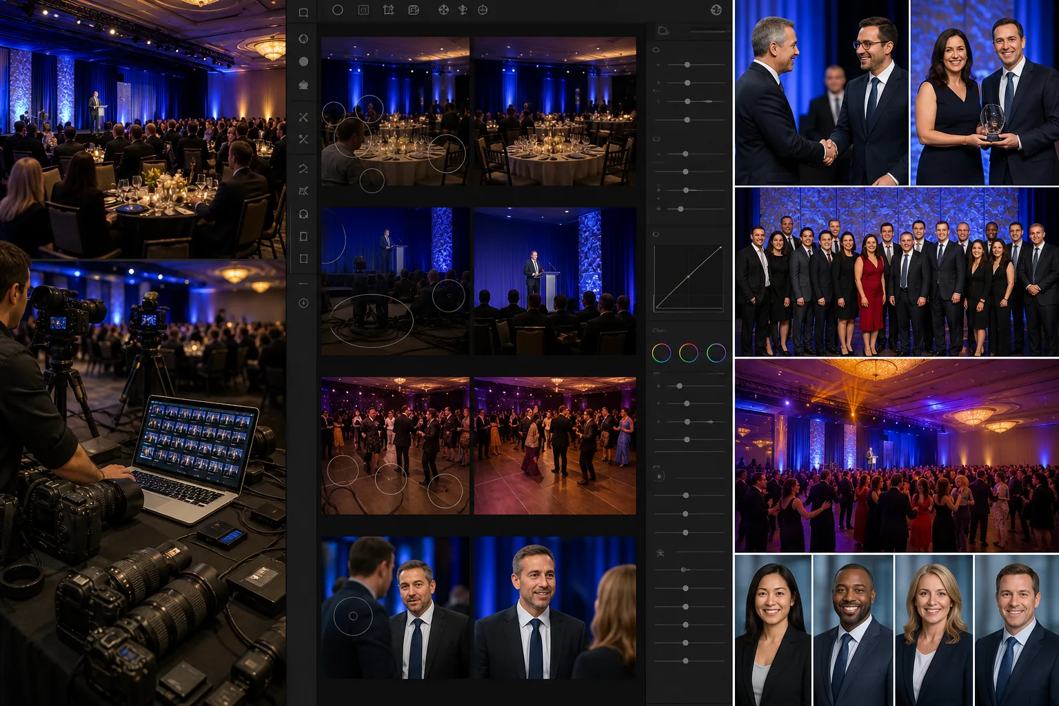 AI event photographer workflow enhancing low-light galleries, removing venue distractions, and preparing onsite headshots