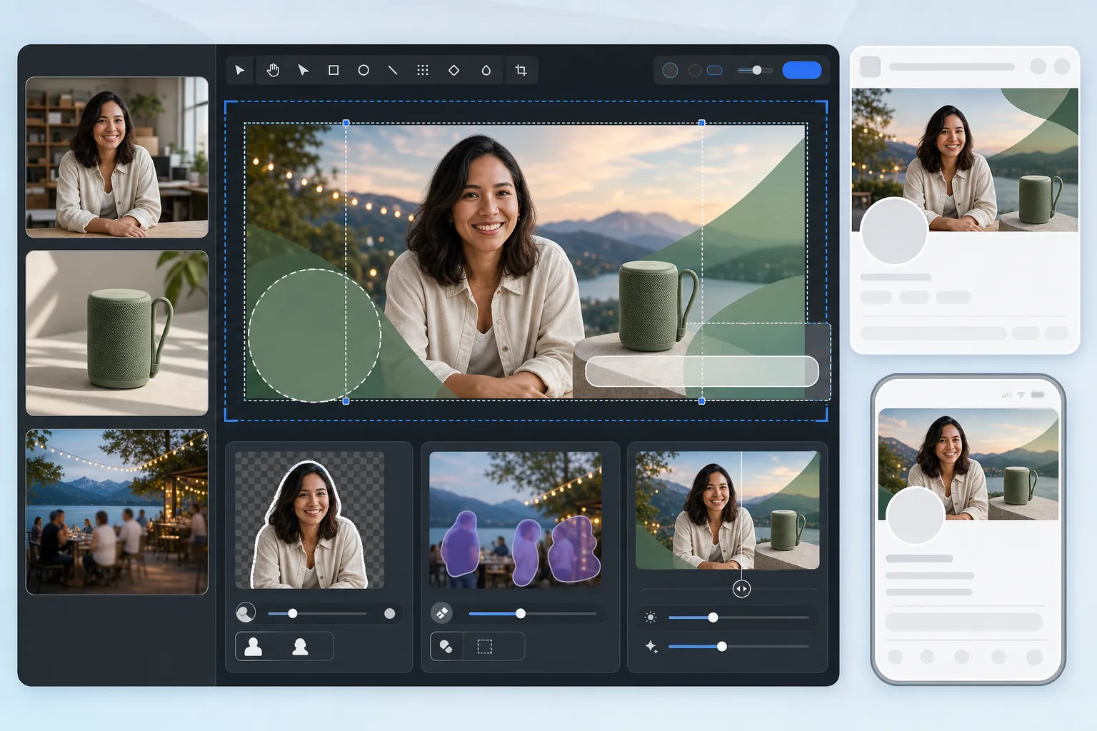 AI Facebook cover photo workflow removing a portrait background, cleaning scenic clutter, positioning content around profile overlap and action-button safe zones, enhancing clarity, and previewing desktop and mobile crops