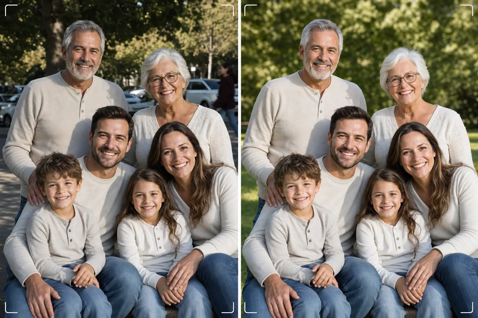 AI family portrait cleanup workflow removing background distractions, balancing uneven group lighting, enhancing faces naturally, and preparing a wall-print-ready family photo