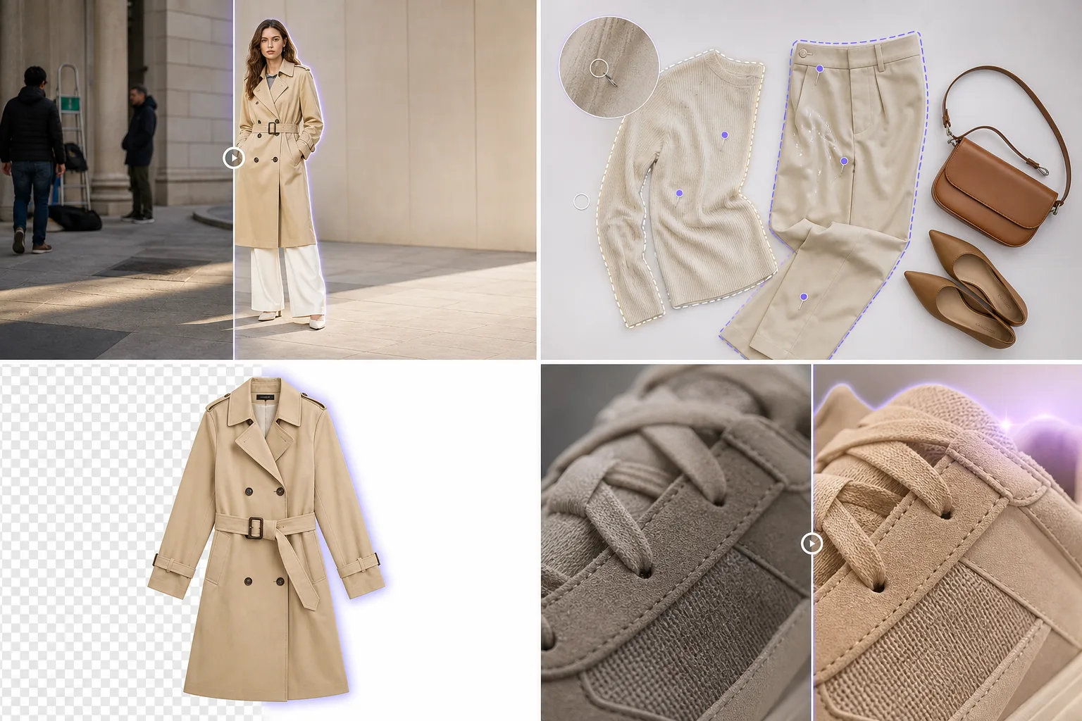 AI fashion photo editing workflow cleaning lookbook shots, flat lays, ecommerce garment cutouts, and fabric detail photos