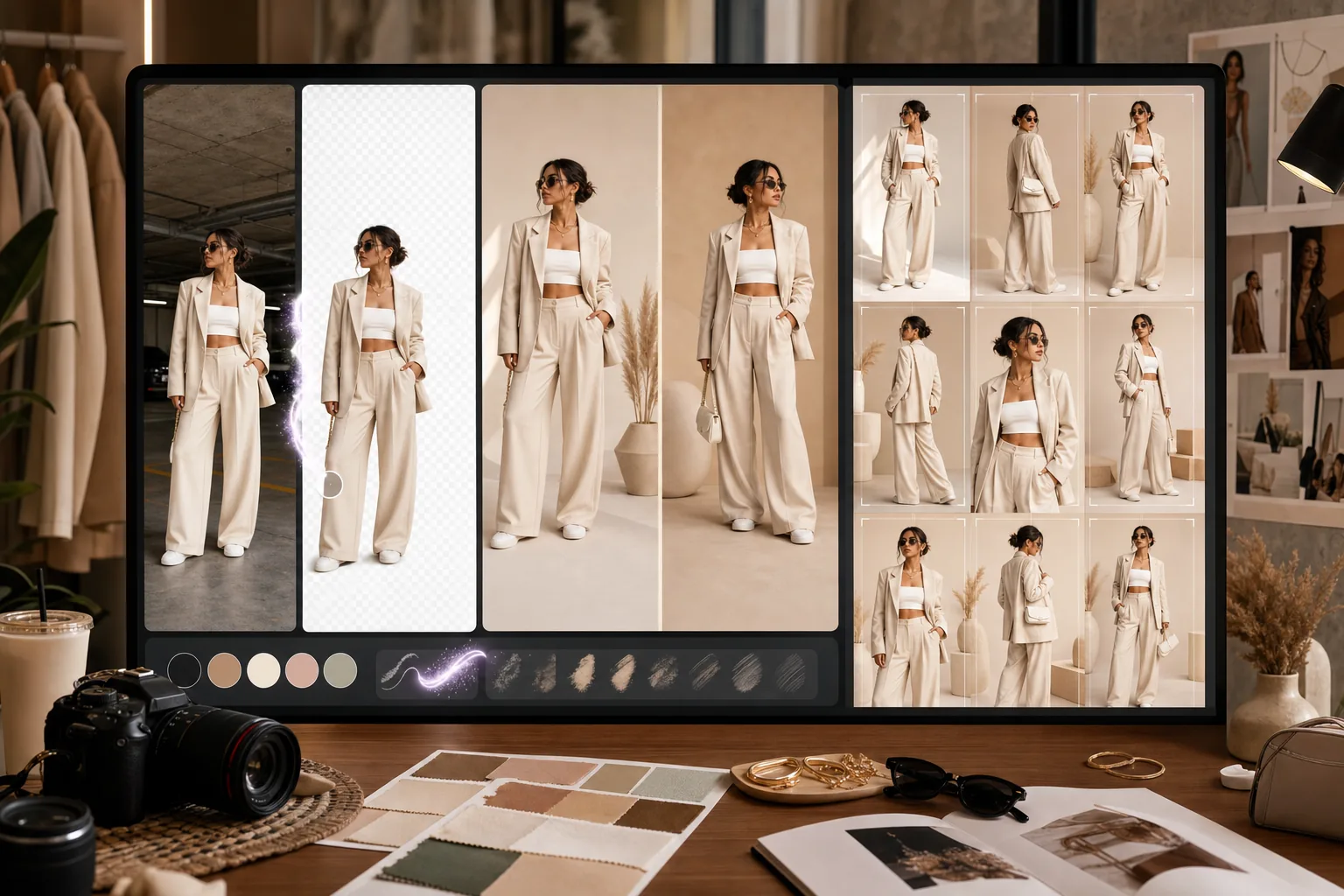 AI fashion influencer workflow removing outfit backgrounds, applying consistent filters, and exporting brand-ready content batches