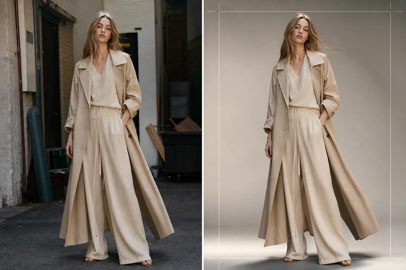 AI fashion lookbook photo workflow replacing location backgrounds, applying editorial color grading, preserving fabric edges, and enhancing garment texture