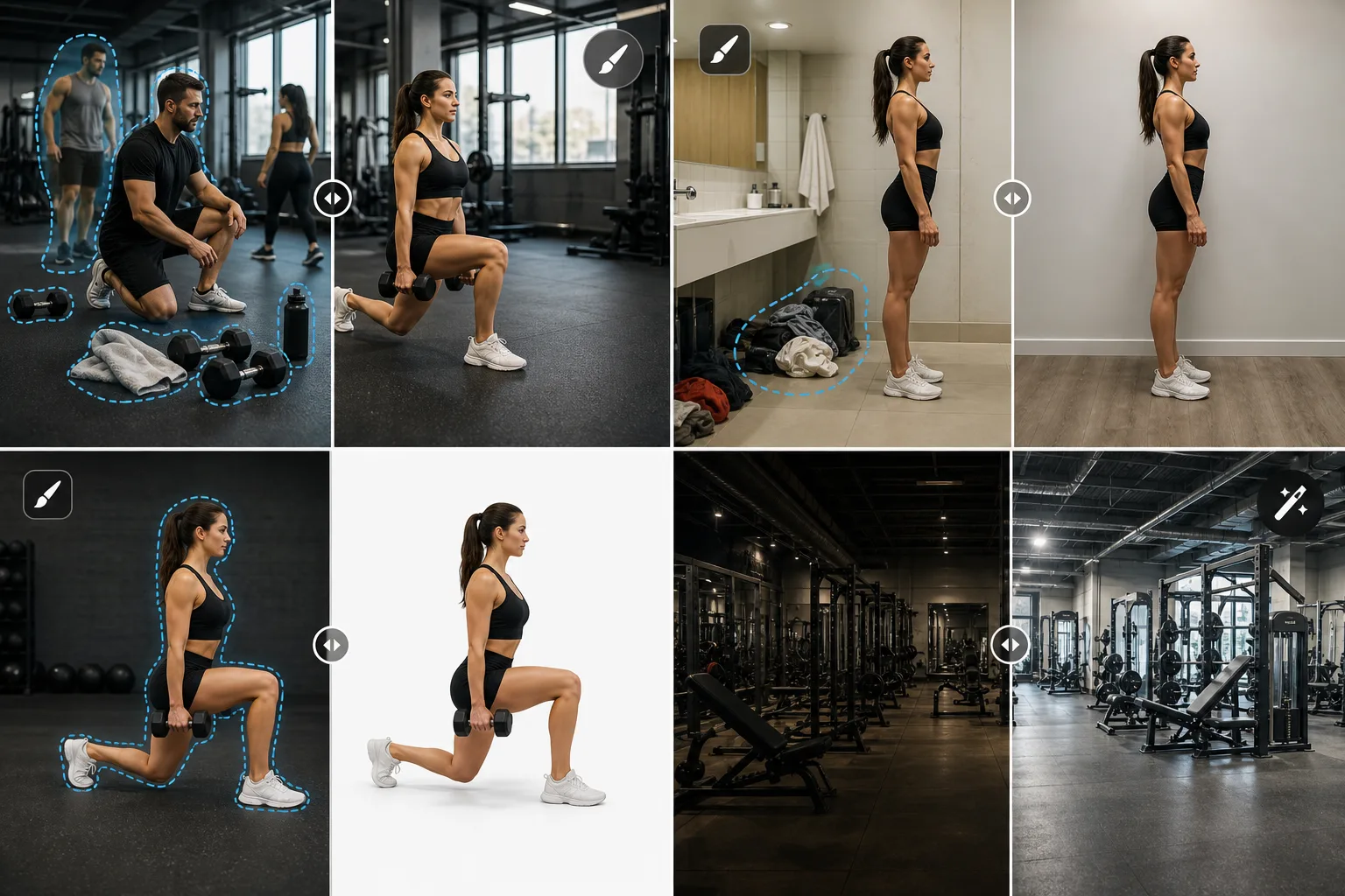 AI fitness photo editing workflow removing gym clutter, cleaning transformation photos, isolating exercise demos, and enhancing facility images
