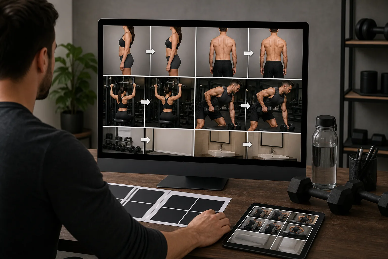 AI fitness trainer transformation photo workflow normalizing lighting, cleaning backgrounds, and preparing before-after progress comparisons