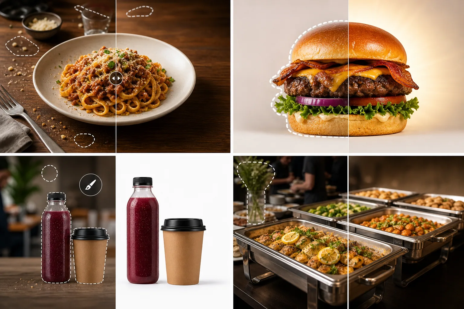 AI food and beverage photo editing workflow cleaning plated dishes, delivery thumbnails, drink packaging, and catering photos