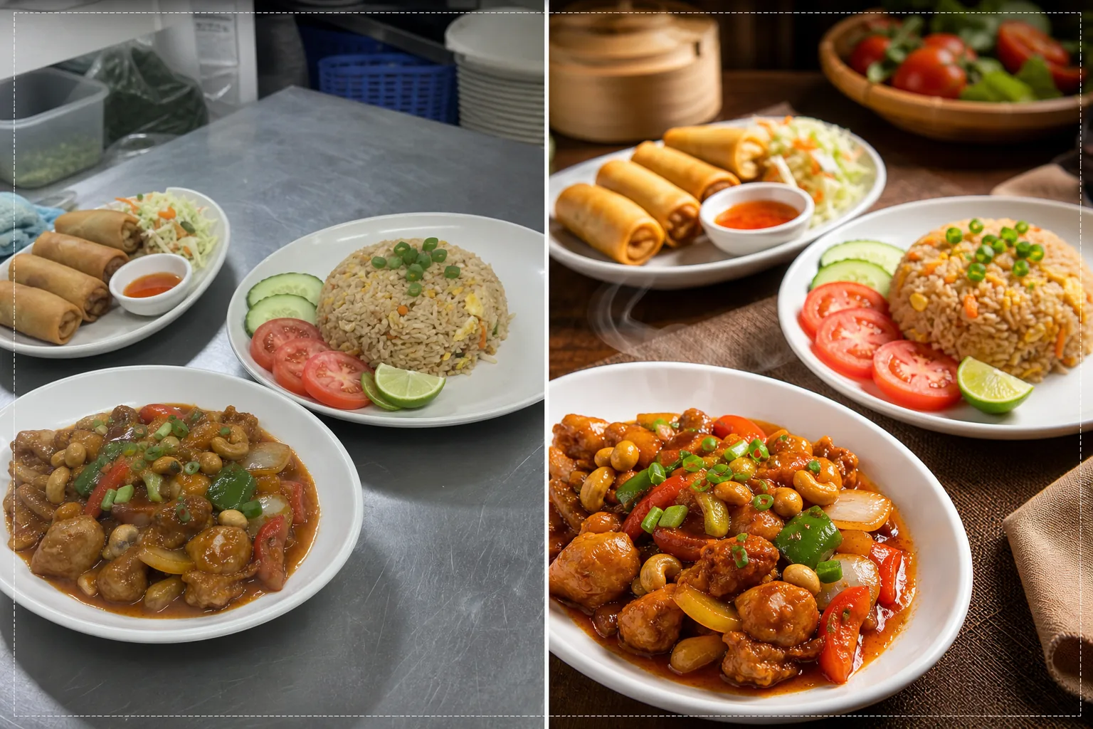 AI food delivery menu photo workflow correcting kitchen lighting, removing cluttered backgrounds, enhancing warm food color and texture, and preparing delivery-platform menu images
