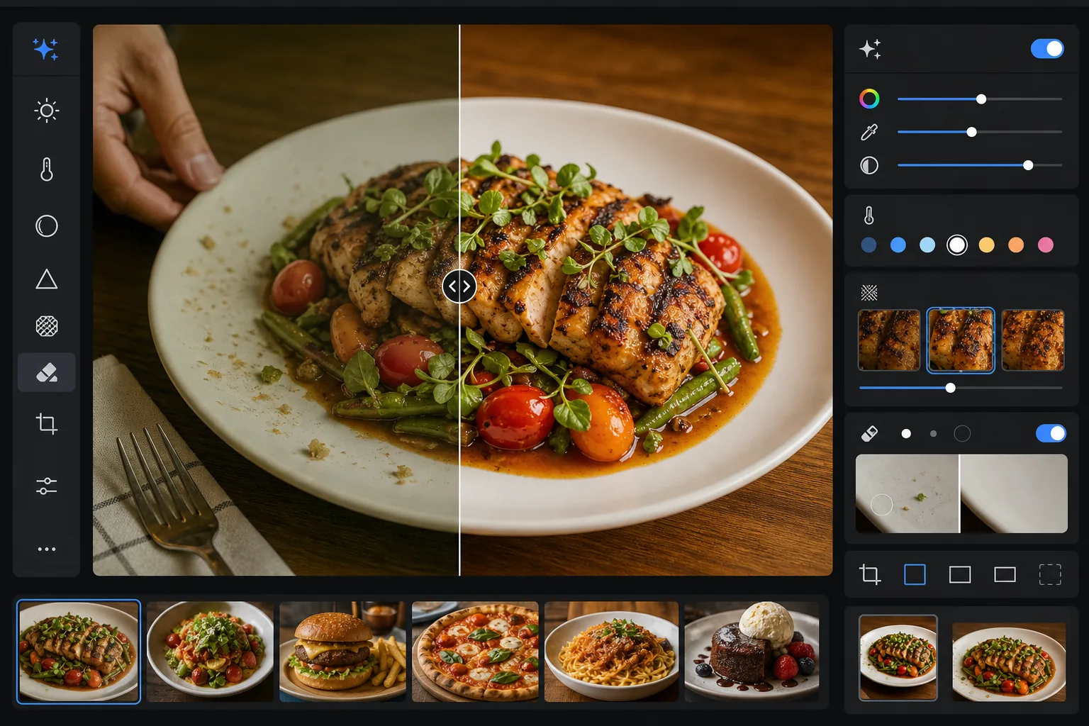 AI food photography styling workflow enhancing color vibrancy, correcting white balance, sharpening grilled textures and herbs, and removing utensils, hands, crumbs, sauce drips, and plate smudges
