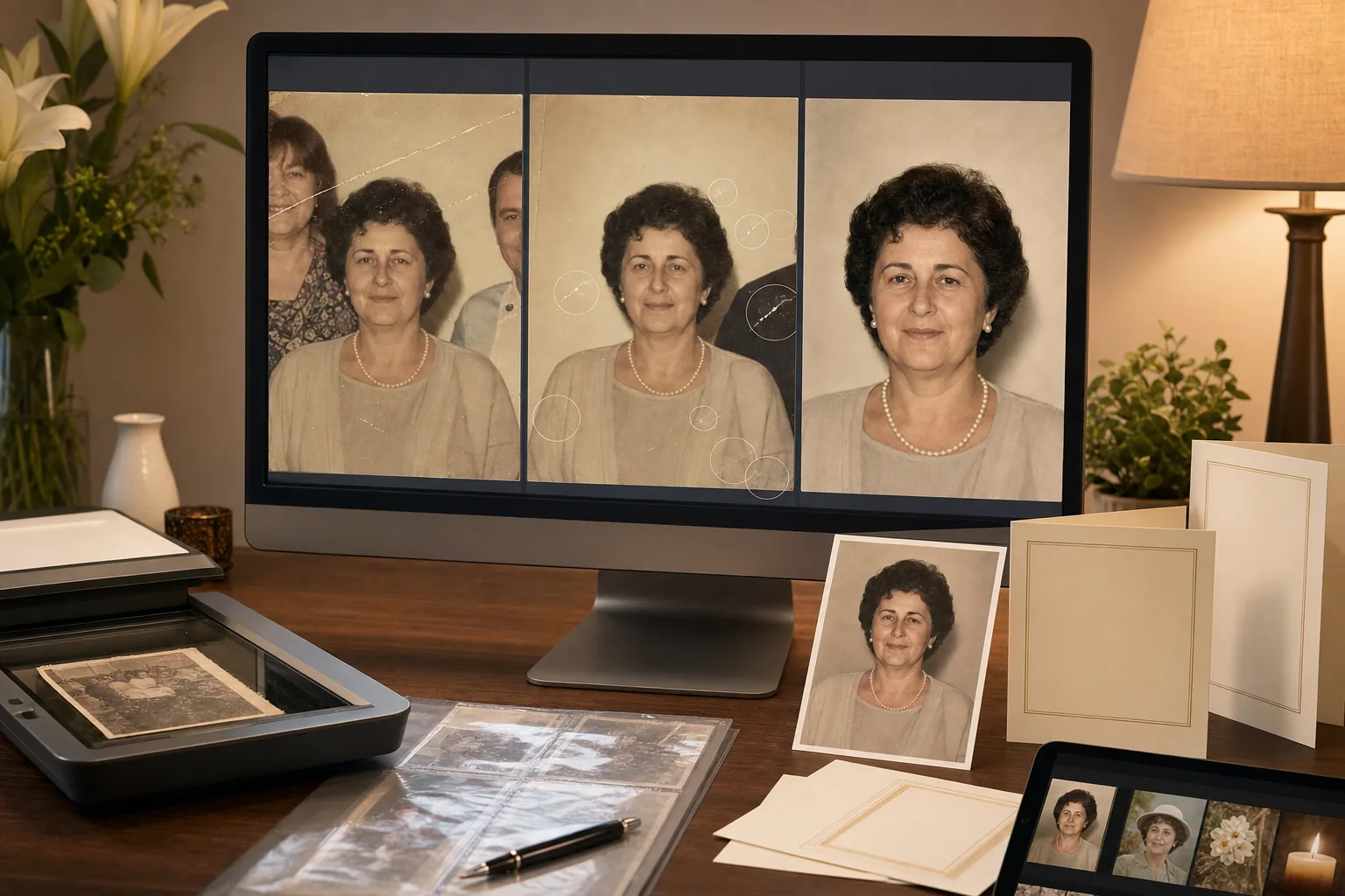 AI funeral memorial photo restoration workflow repairing faded prints and preparing dignified obituary portraits