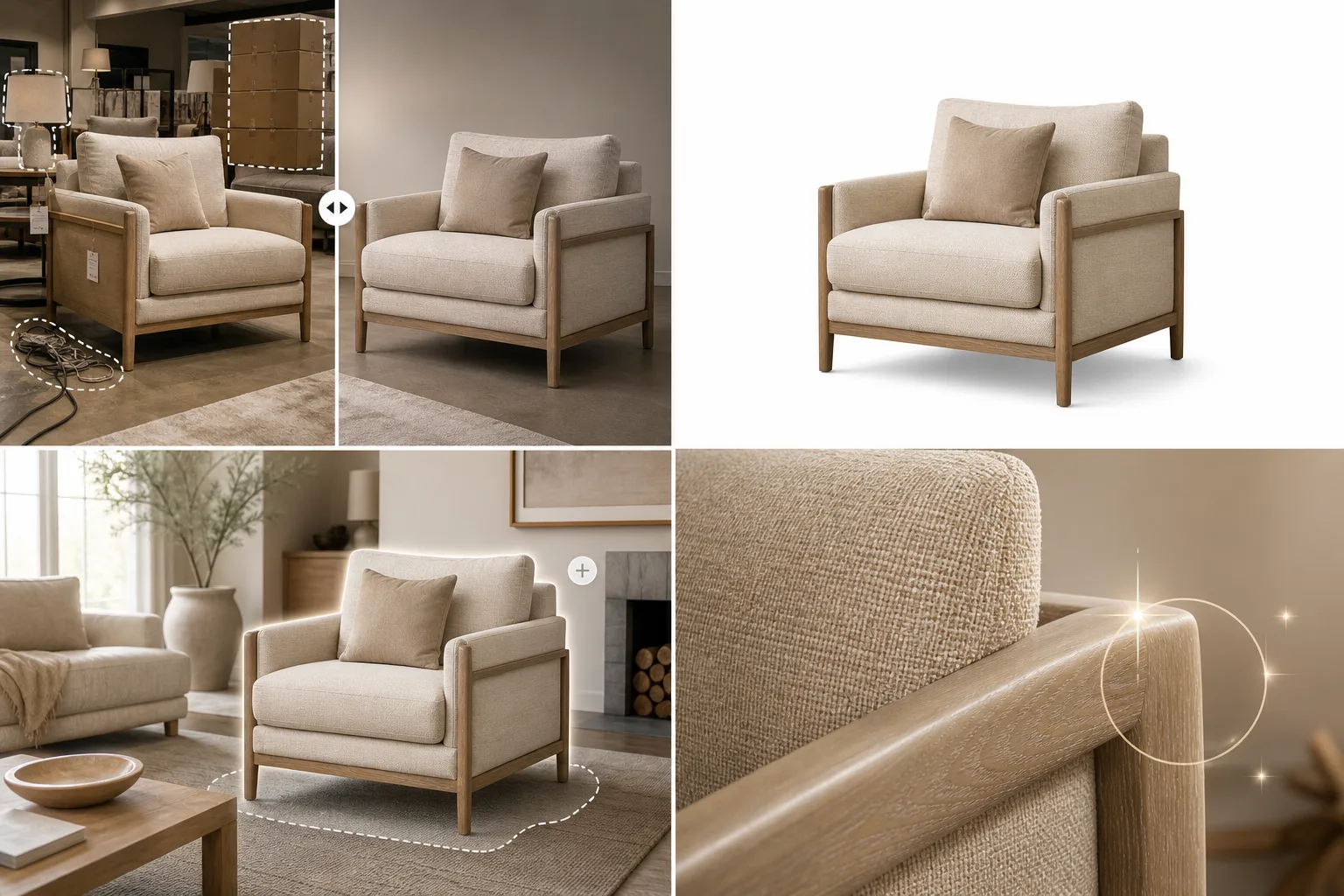 AI furniture photo editing workflow removing showroom clutter, creating catalog backgrounds, staging room scenes, and enhancing fabric and wood texture