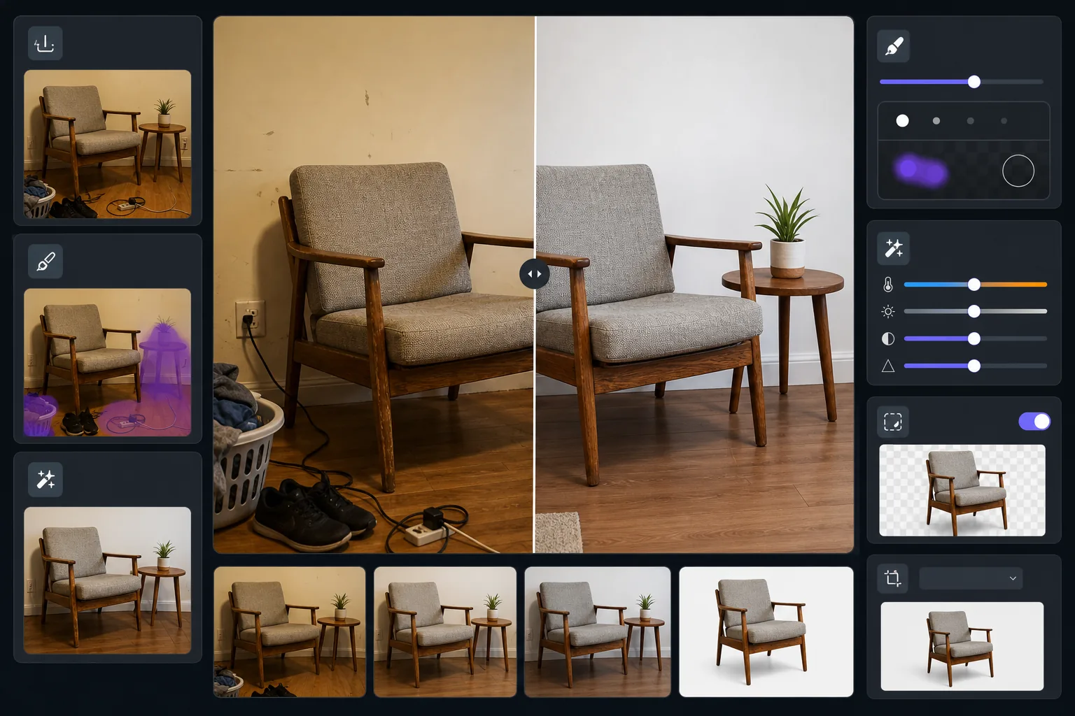 AI furniture listing photo workflow removing room clutter and cords, correcting indoor color cast, preserving fabric and wood detail, and exporting clean marketplace images