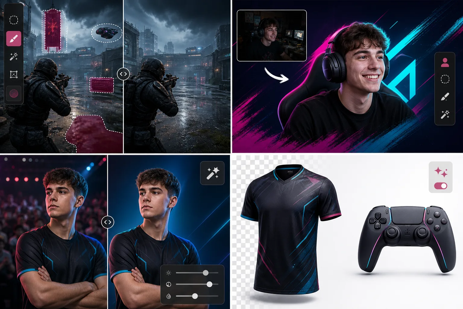 AI gaming photo editing workflow cleaning gameplay screenshots, isolating streamer portraits, polishing esports roster images, and preparing merch product shots