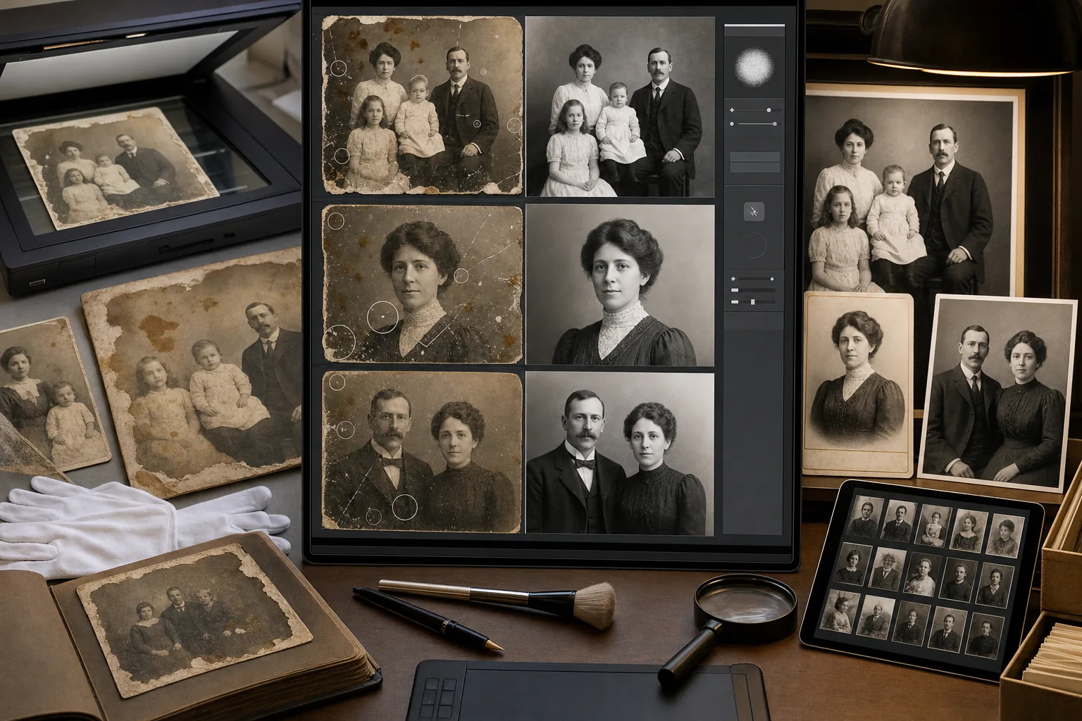 AI genealogy photo restoration workflow scanning faded family photos, repairing damage, and preparing restored archive images