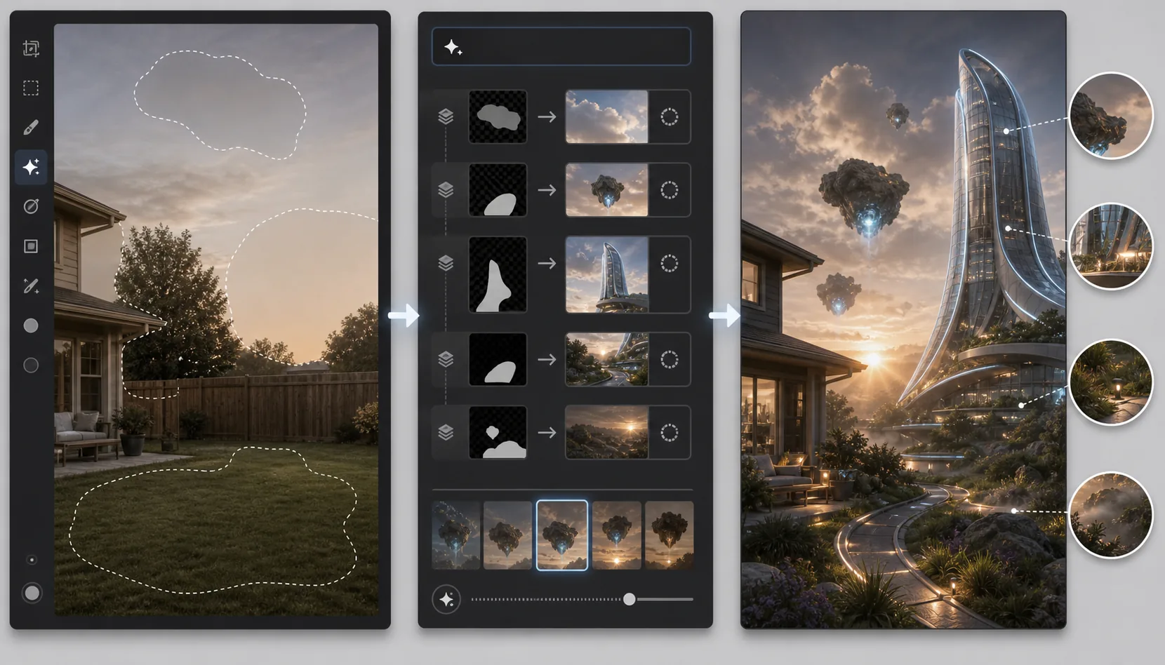 Creative AI fill compositing workflow showing an ordinary backyard transformed through iterative masked generations, variation review, harmonized lighting, color grading, grain matching, and atmospheric effects