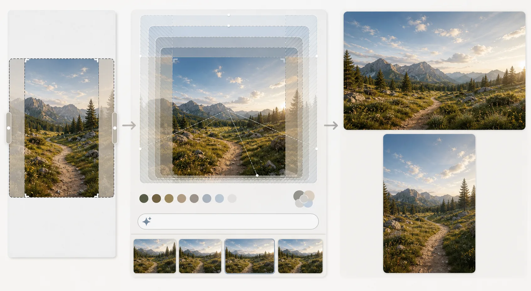 AI image extension workflow showing tight original framing, incremental outpainting, edge context prompts, perspective and tone checks, variation review, and a seamless expanded final image