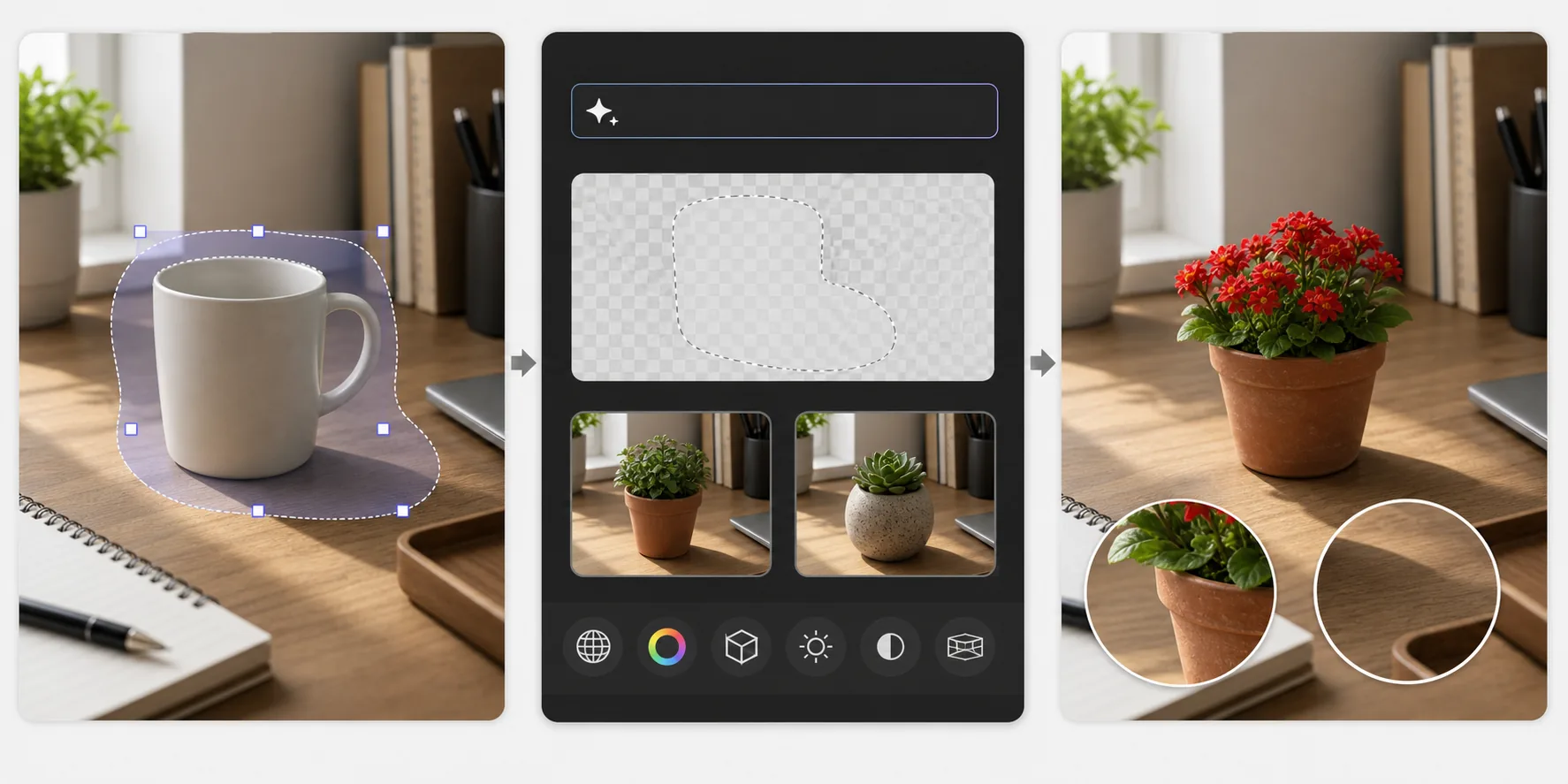 AI object replacement workflow showing a mug and shadow selected with a larger mask, prompt-guided replacement variations, and a realistic potted plant result with matched lighting and perspective