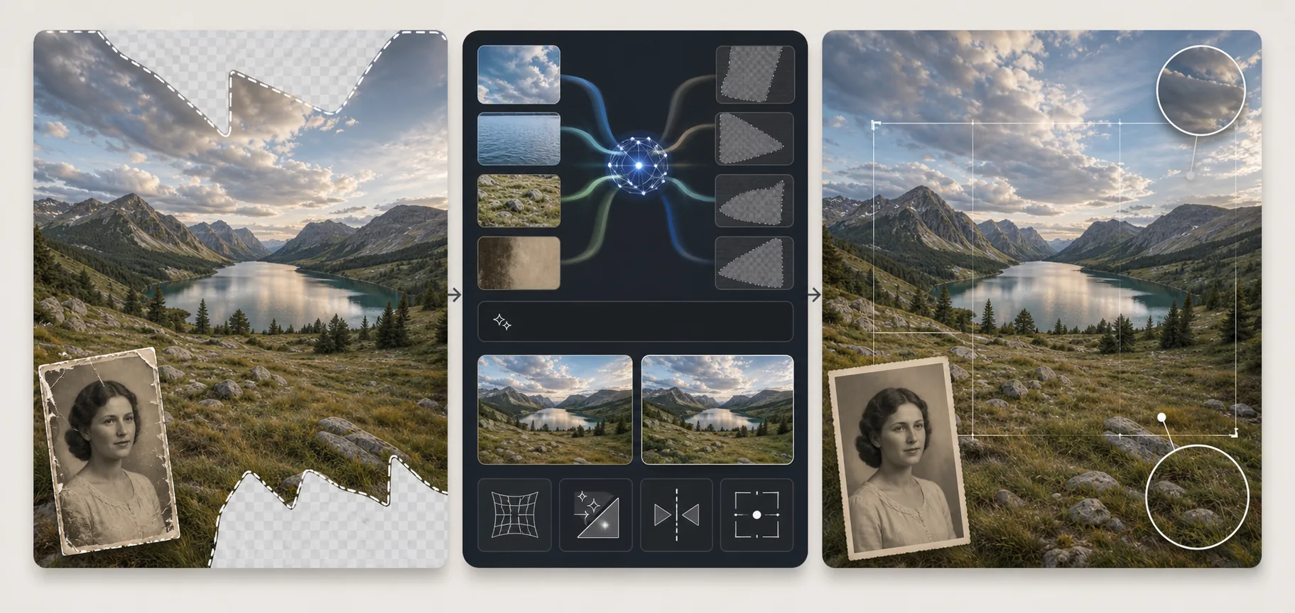 AI scene completion workflow showing panorama gap repair, damaged photo restoration, context analysis, variation review, and a seamless completed composition