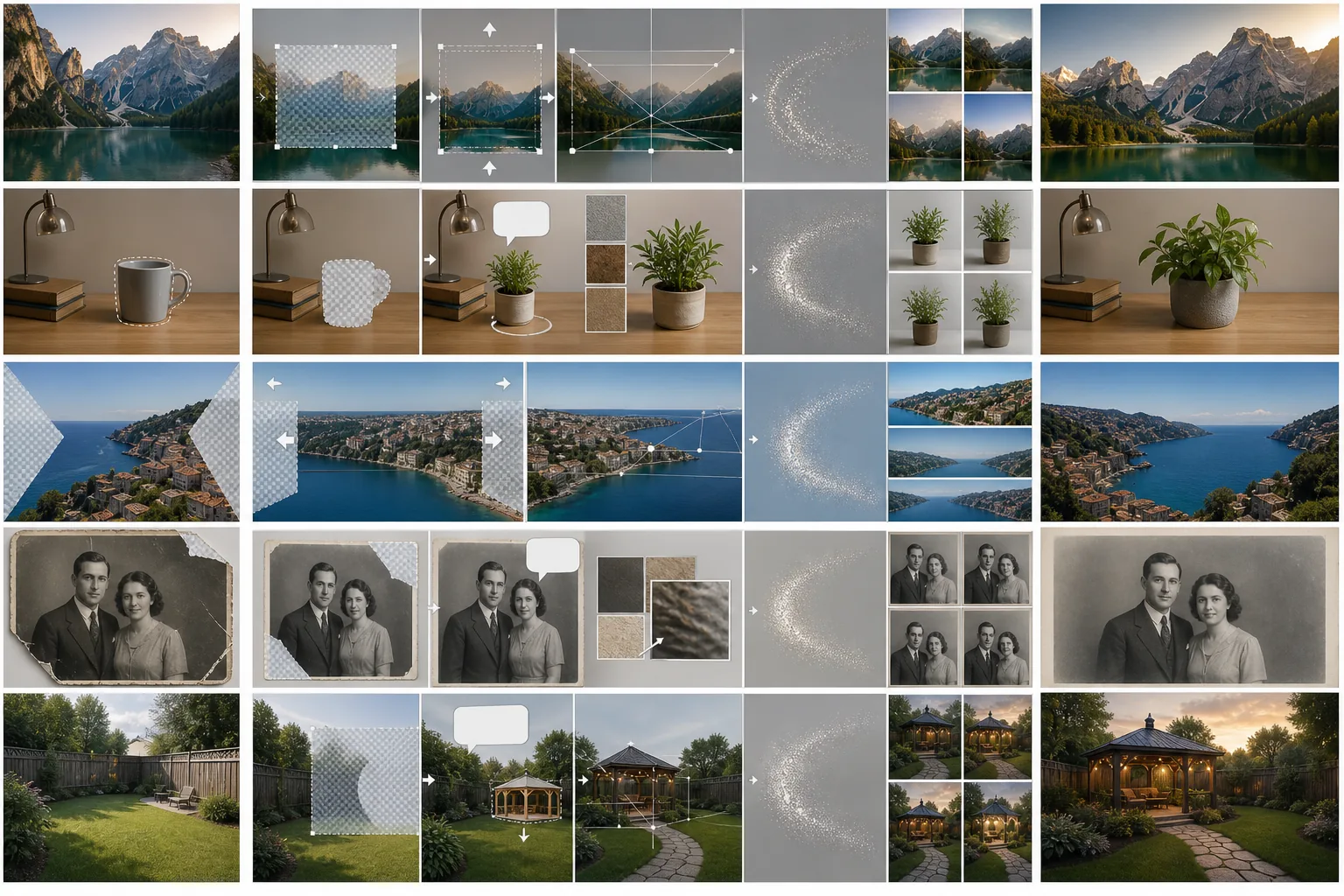 Generative fill workflow showing image extension, object replacement, panorama completion, photo restoration, and creative compositing