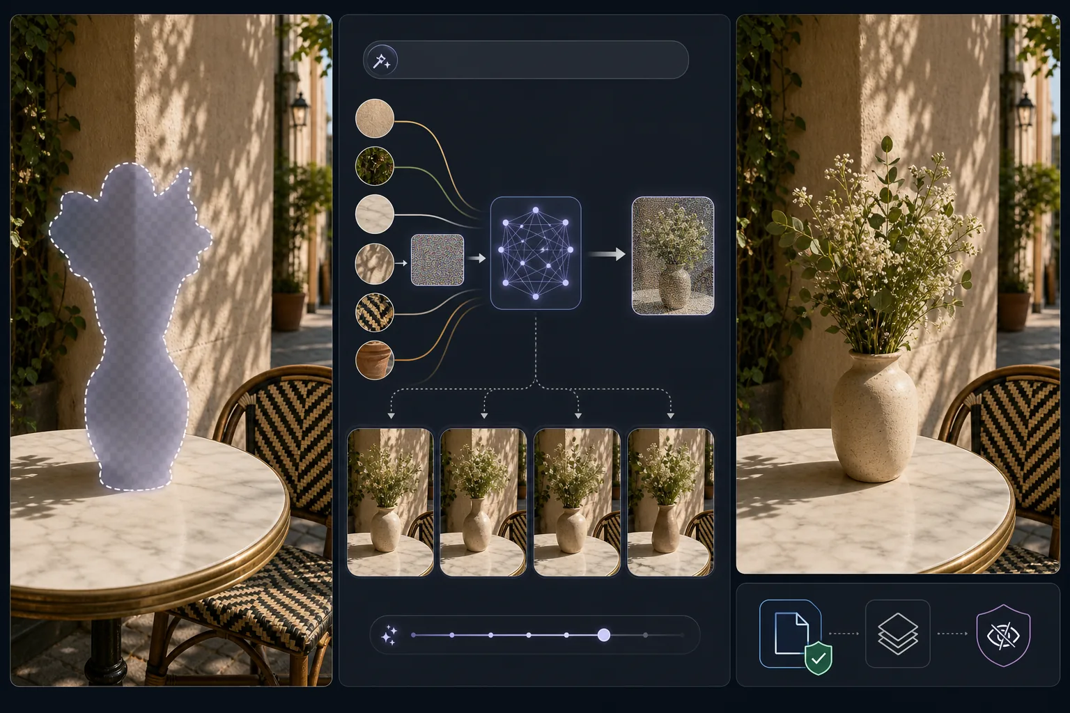 Generative fill workflow showing a masked image region, surrounding context analysis, diffusion-style content generation, variation review, seamless inpainting, and authenticity safeguards