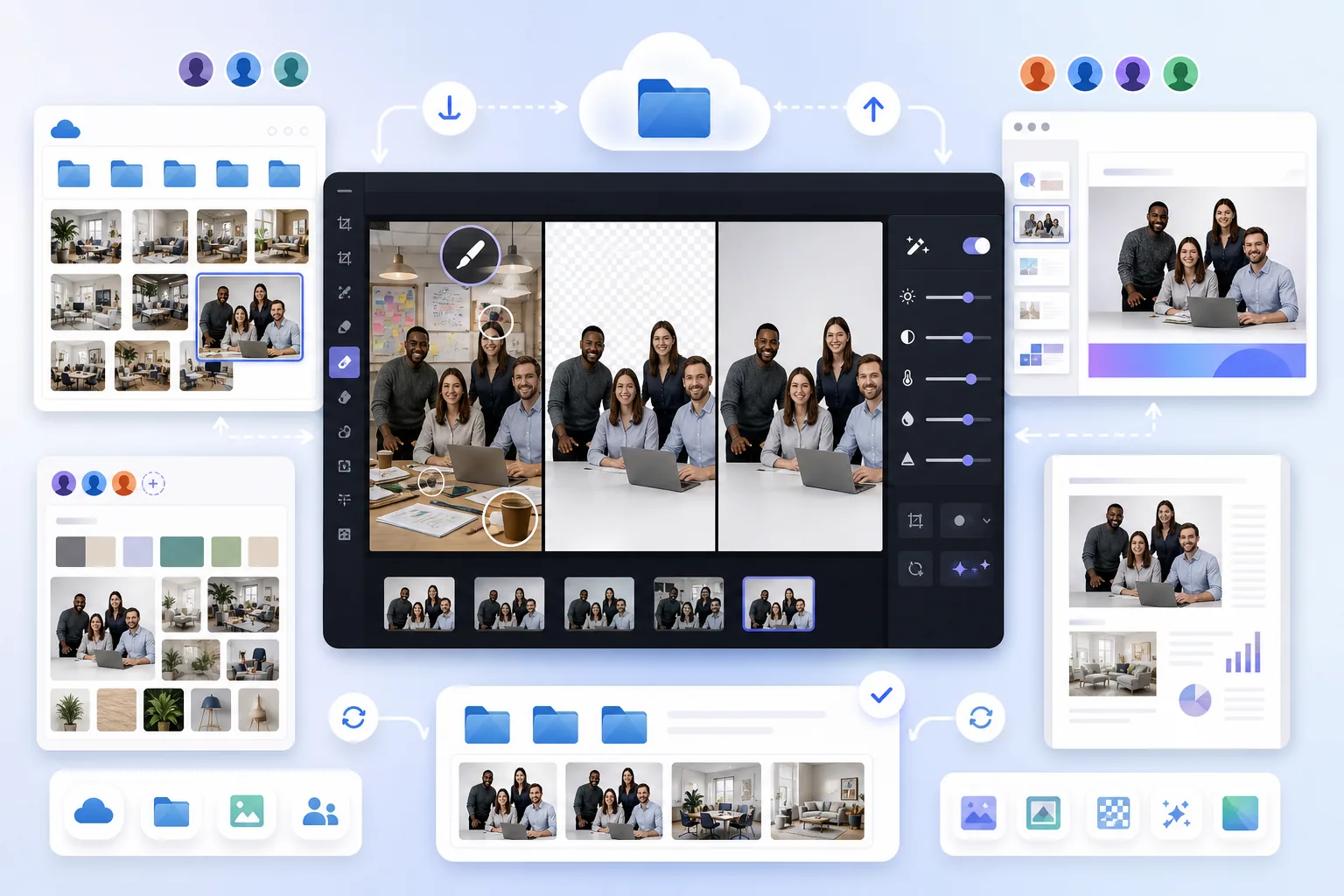 AI Google Drive image workflow downloading cloud-stored photos, removing distractions, enhancing team assets, and saving polished visuals back to shared folders for documents and presentations