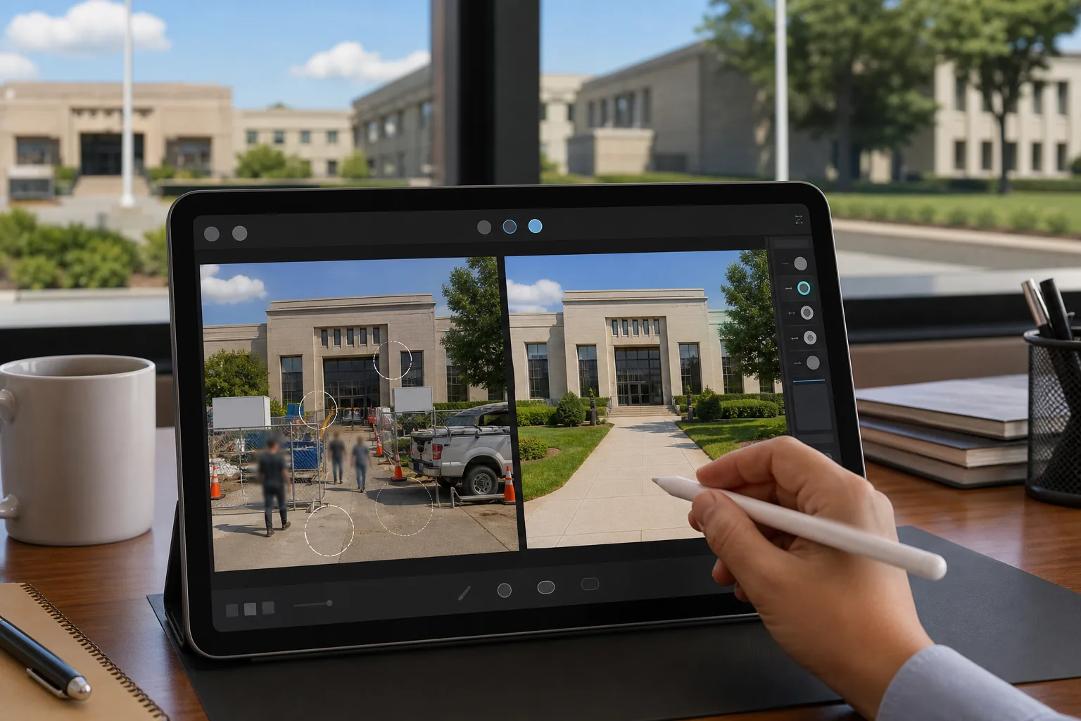 AI government and public sector photo editing workflow cleaning facility images, removing temporary barriers, and preparing privacy-safe public communications