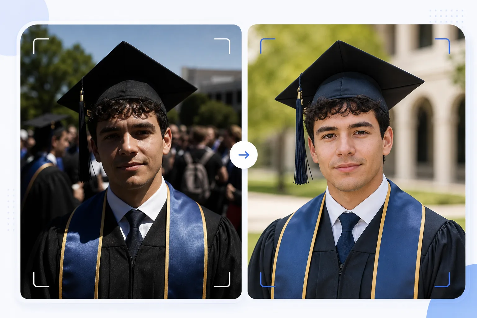 AI graduation photo enhancement workflow recovering cap shadows, restoring gown color, removing ceremony crowd distractions, and exporting print-ready portraits
