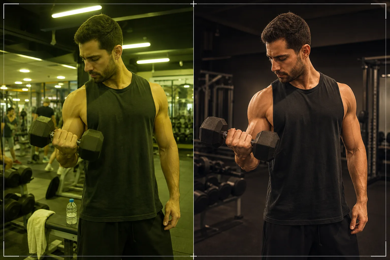 AI gym fitness photo workflow correcting harsh gym lighting, enhancing existing muscle definition, removing background clutter, and applying athletic color grading