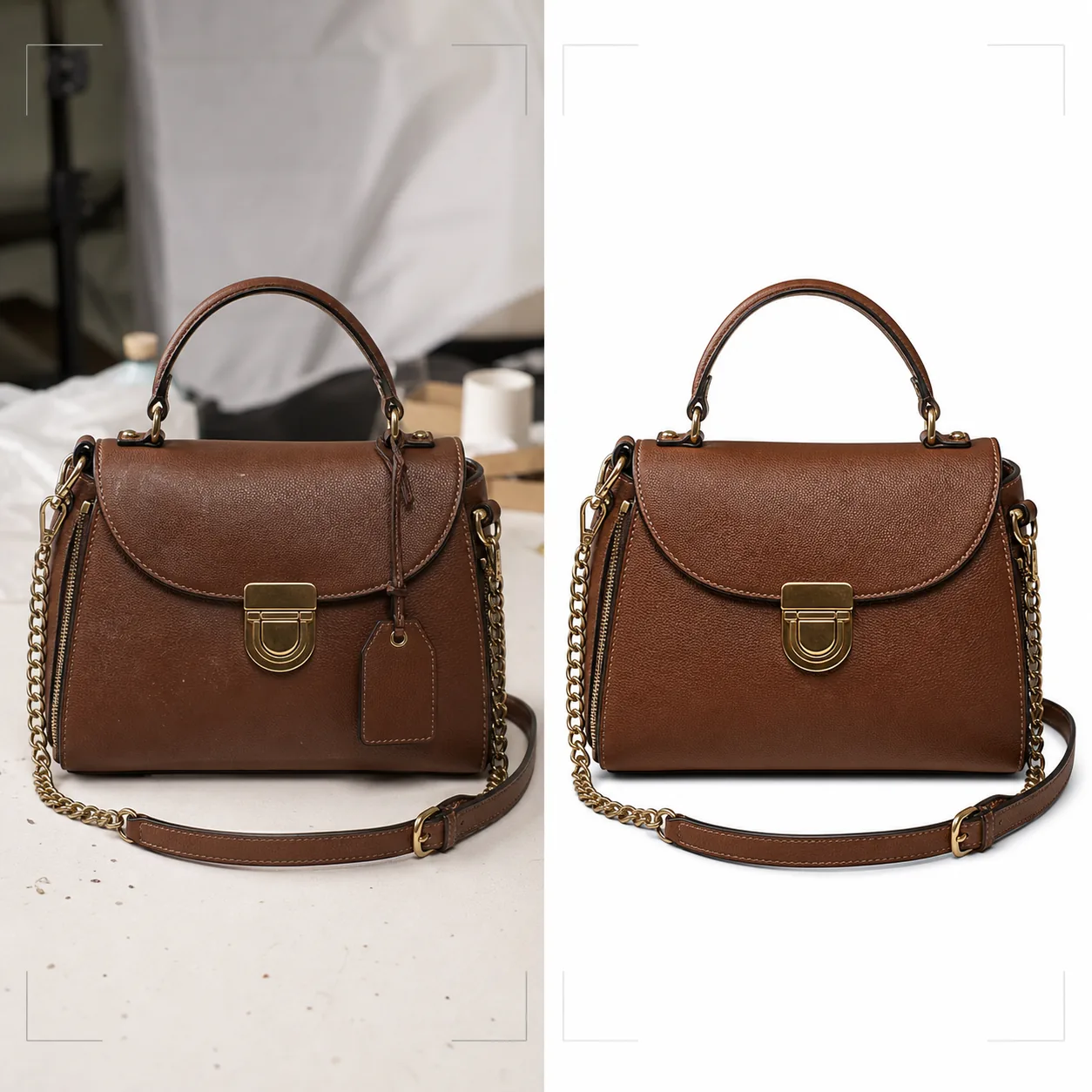 AI handbag product photo workflow removing cluttered backgrounds, cleaning dust and fingerprint smudges, enhancing leather grain, and sharpening hardware details