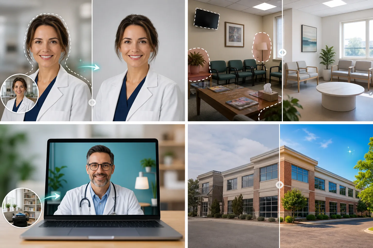 AI healthcare photo editing workflow cleaning provider headshots, clinic rooms, telehealth profiles, and facility photos