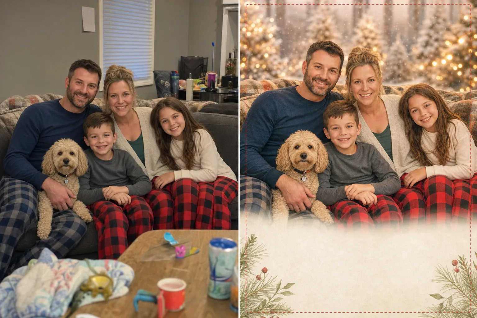 AI holiday greeting card workflow removing casual photo backgrounds, adding festive winter bokeh, warming family portraits, and preparing print-ready card crops