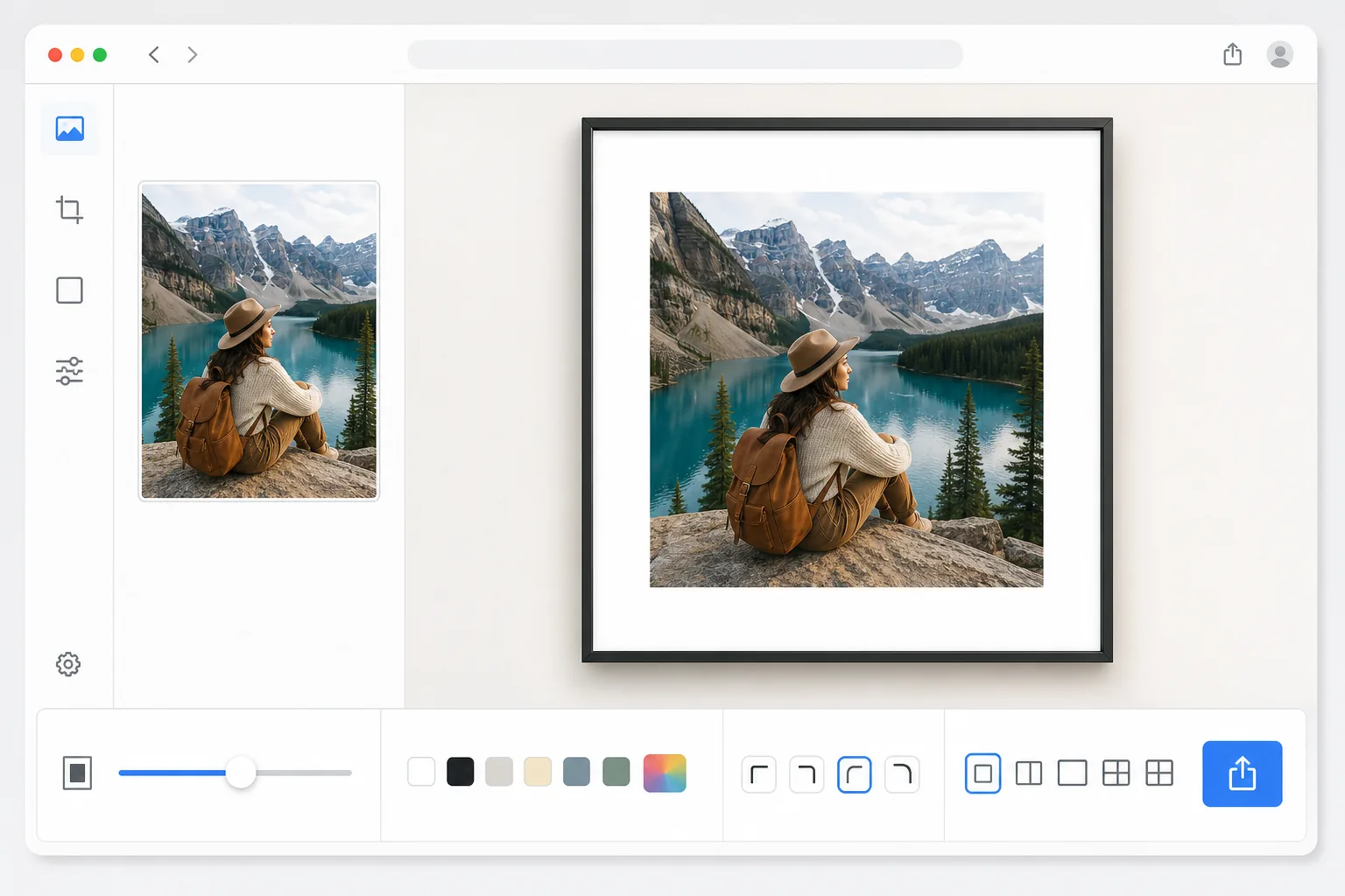 Photo border design workflow showing an original image preserved inside added canvas borders with customizable width, color, and corner radius