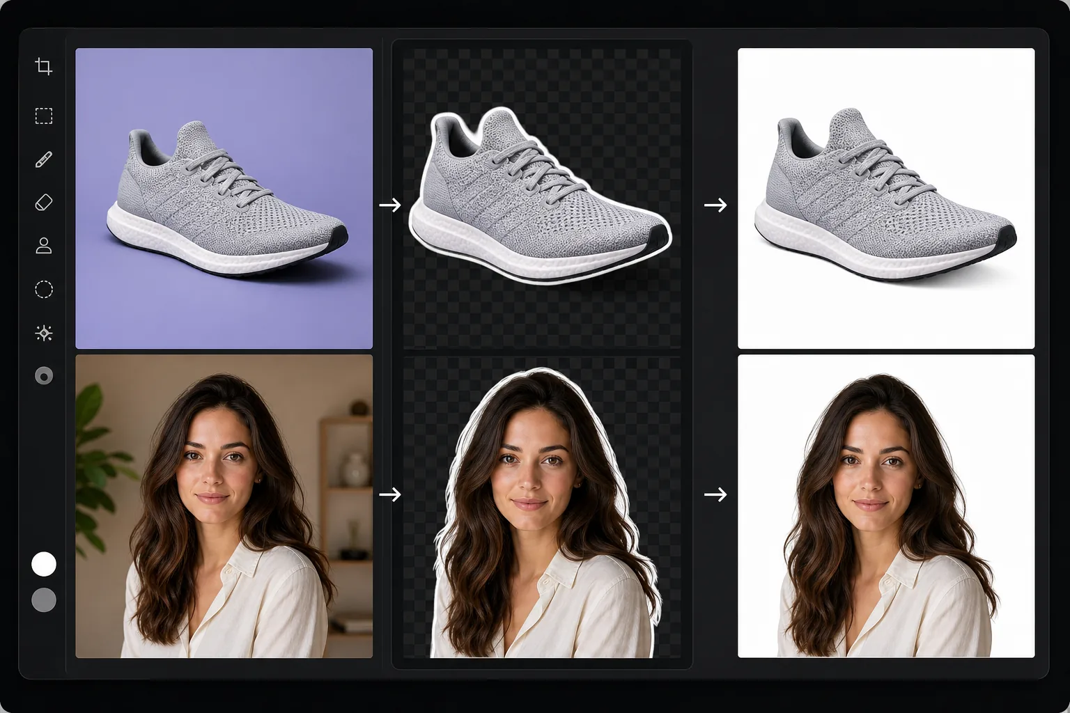 Workflow showing product and headshot photos cut out from original backgrounds and placed on clean white backgrounds