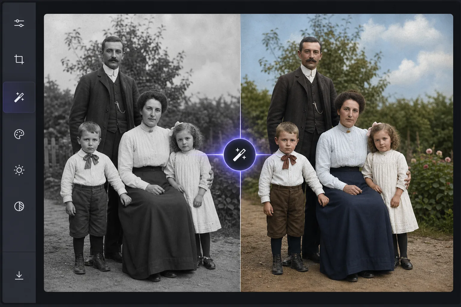 AI photo editor workflow showing a vintage black and white family portrait transformed into a naturally colorized version