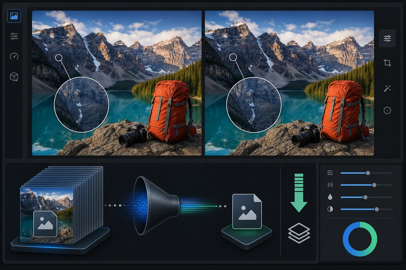 Image compression workflow showing a large photo reduced to a smaller file while magnified details remain visually identical