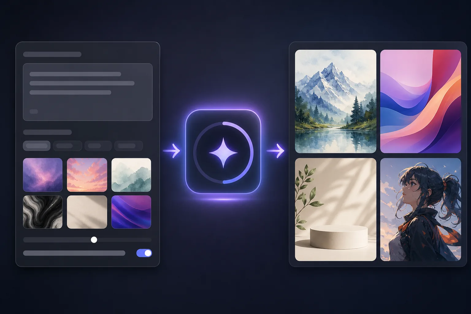 Workflow showing an abstract prompt panel generating four AI art variations including watercolor landscape, abstract wallpaper, product mockup background, and character illustration