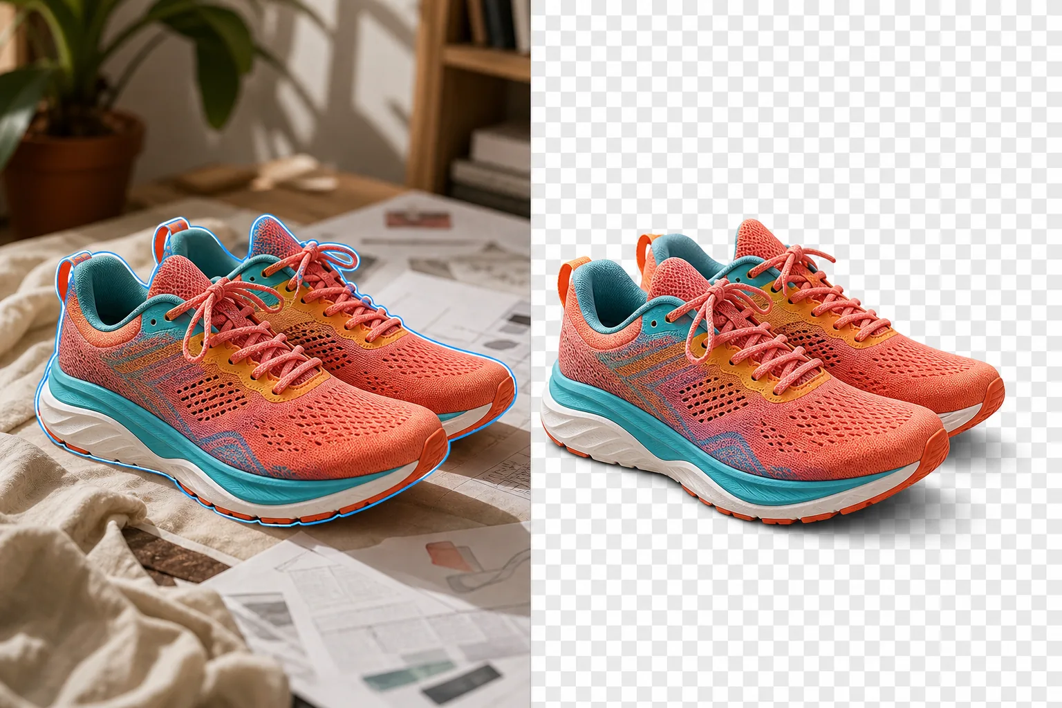 Before and after product photo showing running shoes isolated as a transparent PNG cutout