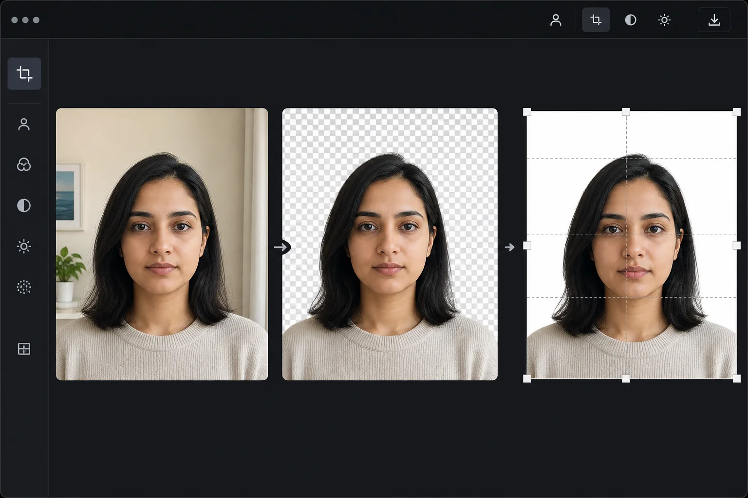 Passport photo workflow showing a home portrait with background removed, replaced with white, and cropped with head-position guide lines