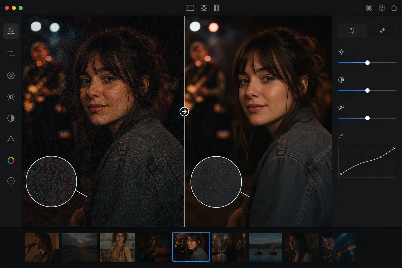 AI denoise workflow showing a noisy low-light portrait cleaned up while preserving hair, fabric texture, and facial detail