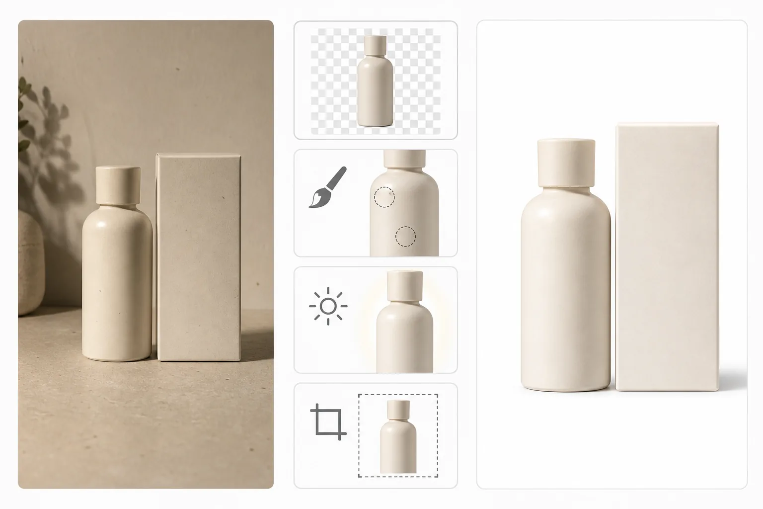 Workflow showing a raw product photo edited through background removal, cleanup, lighting enhancement, and square crop into a white-background e-commerce listing image