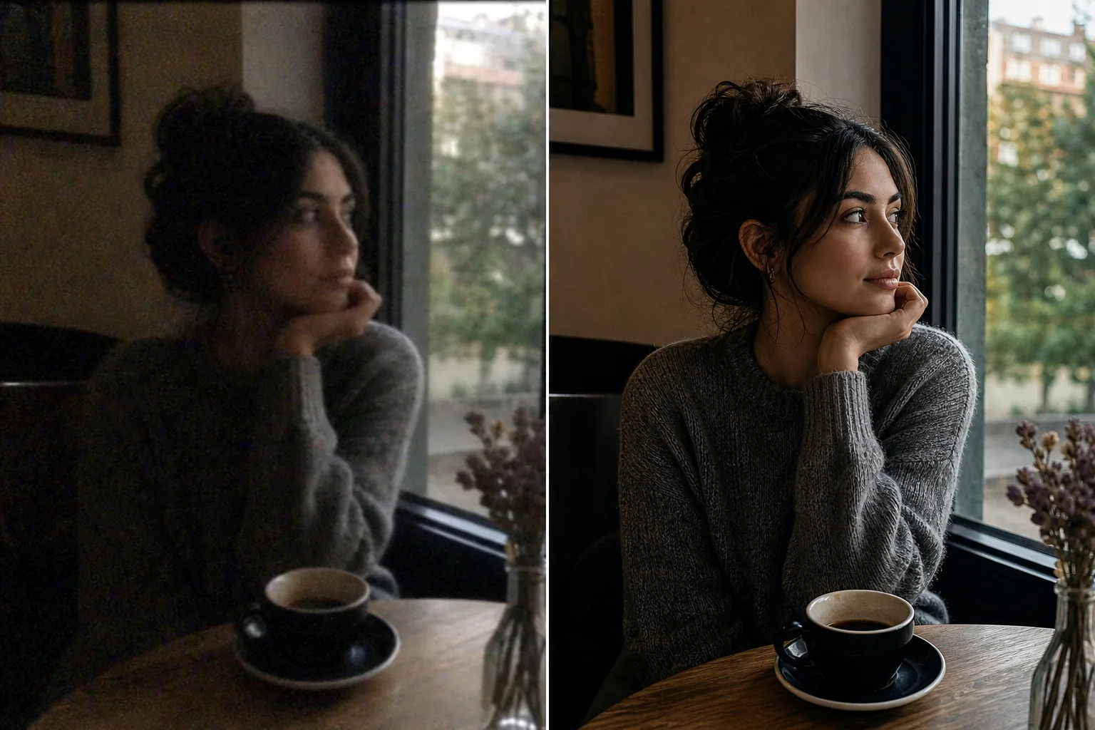 Before and after low-light cafe portrait showing blur, noise, and exposure improved with AI enhancement