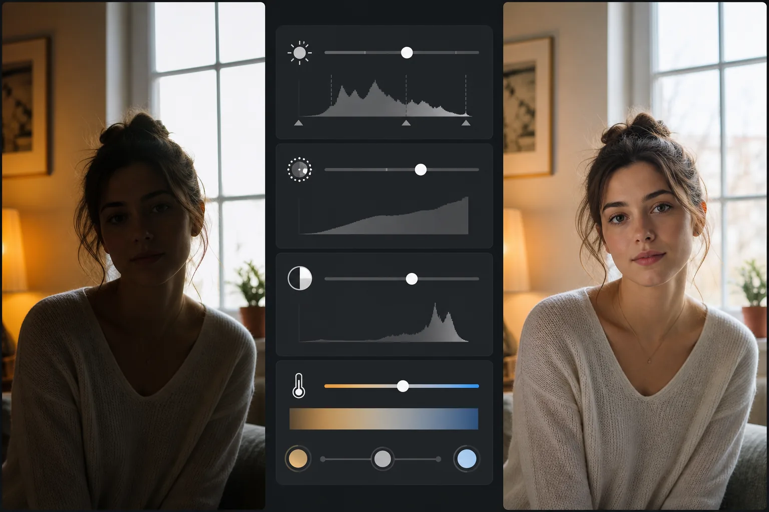 Before and after AI Enhance workflow showing a dark backlit portrait corrected with balanced exposure, recovered shadows, and natural skin tones