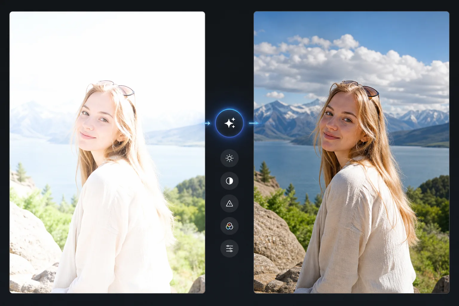 AI enhancement workflow showing an overexposed outdoor portrait corrected with restored highlights, color, and sky detail