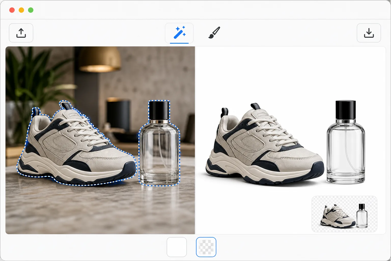 Product background removal workflow showing AI edge detection around a sneaker and glass bottle with clean white and transparent background outputs