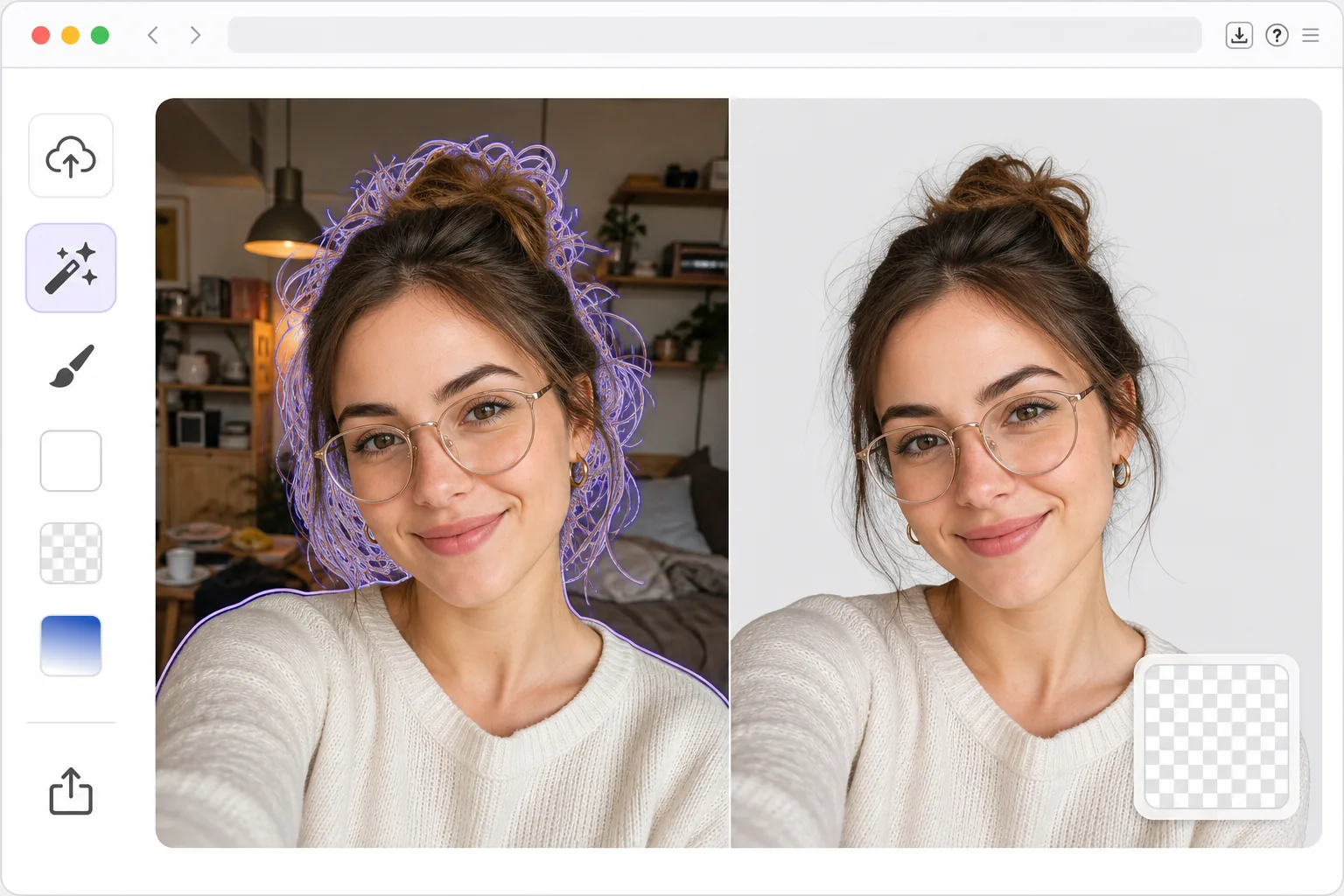 Selfie background removal workflow showing AI hair and glasses edge detection with a clean headshot background and transparent preview